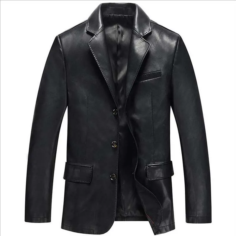 Модный блейзер из искусственной кожи, мужское пальто, повседневный деловой пиджак, черный, синий Блейзер, брендовая одежда, M-3XL - Цвет: Черный
