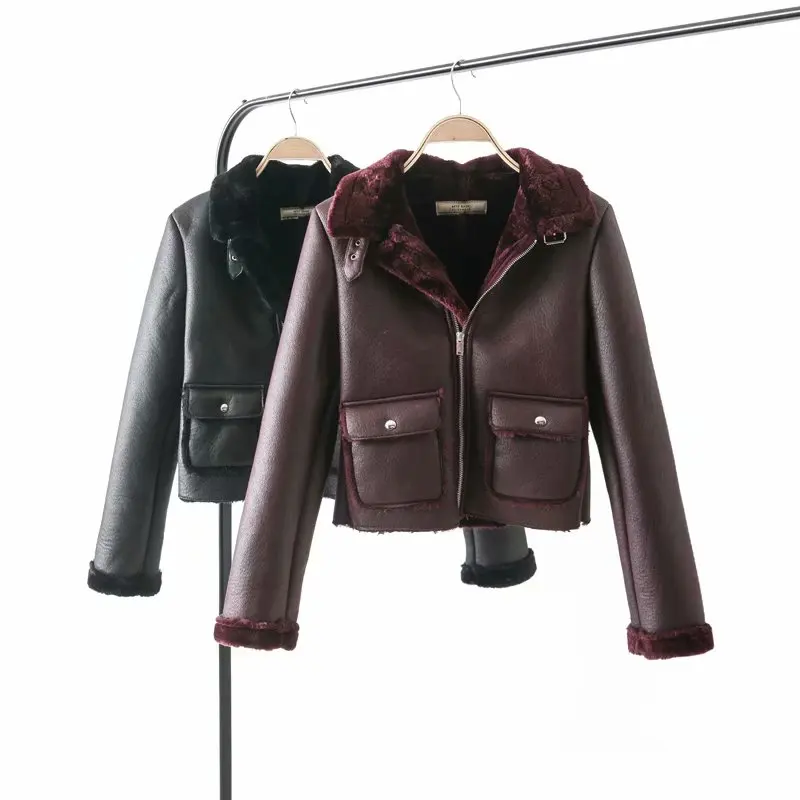 

Hot New 2019 Faux Sheepskin Shearling Winter Coat Women Black Wine Red Warm Motorcycle Street Soft Lamb Fur Women Jacket leather