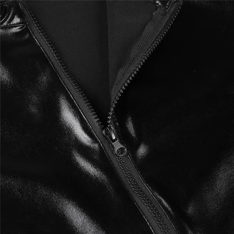 iEFiEL Black Faux Leather Mens Lingerie Stretchy Short Sleeves Zipper Crotch Full Body Leotard Jumpsuit Male Nightclub Bodysuit