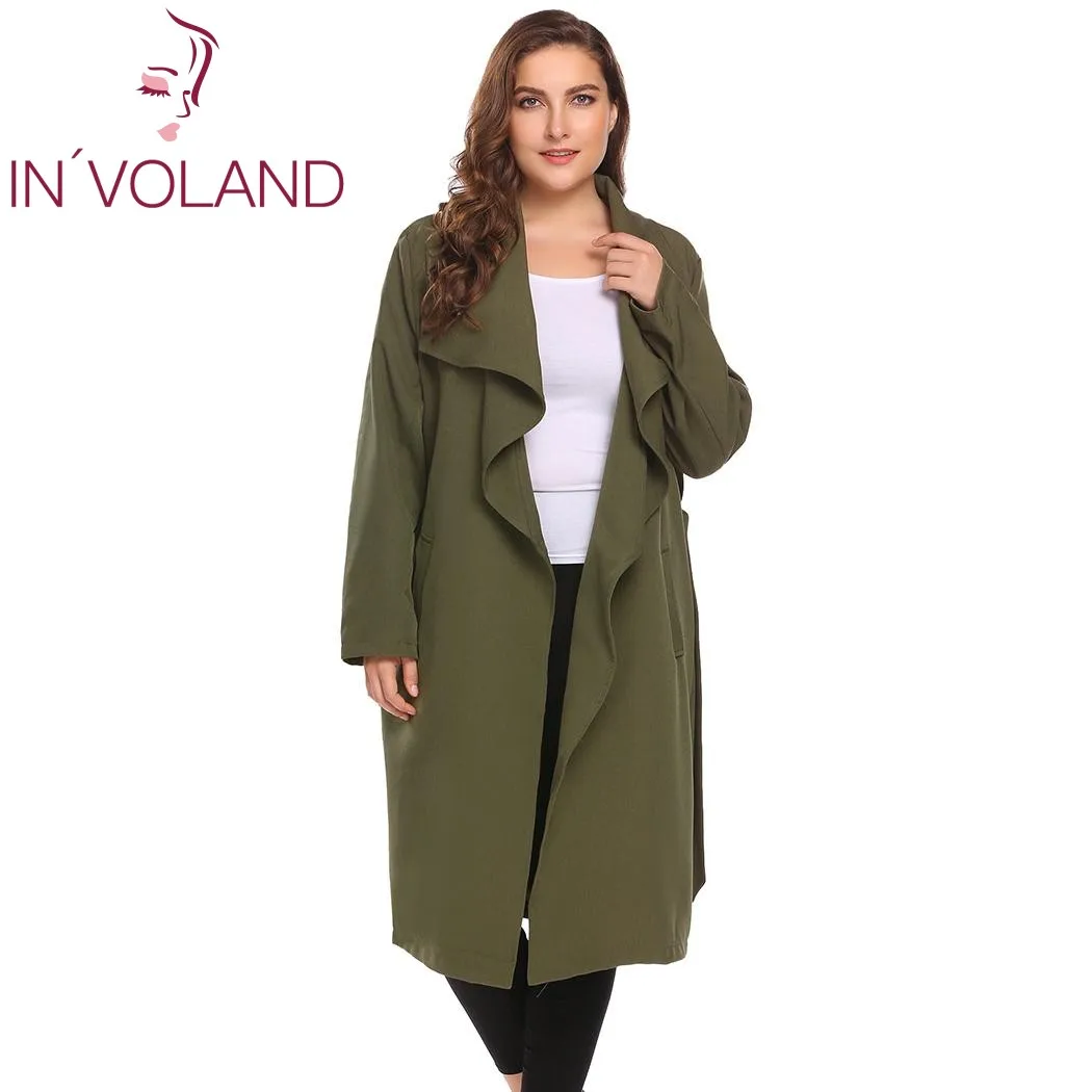 

IN'VOLAND Plus Size L-4XL Women Trench Coat Autumn Winter Draped Open Front Long Sleeve Outwear Overcoat Windbreaker With Belt