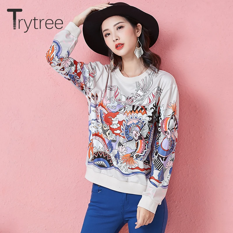 

Trytree Spring Summer Women Sweatshirts Streetwear Print White Polyester O-Neck Pullovers Full Sleeve Casual Tops Sweatshirts