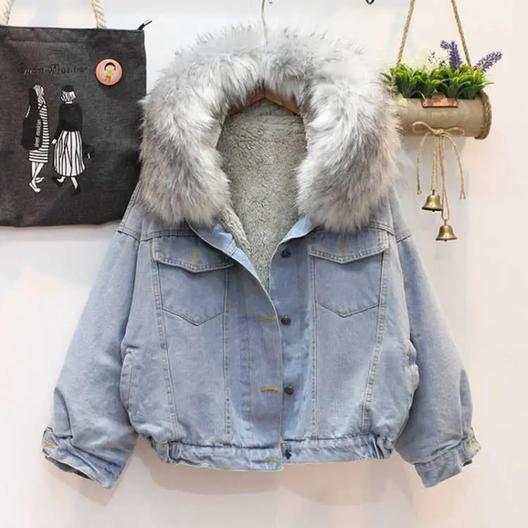 

Winter Women's Thick Warm Denim Jackets Loose Short Velvet Coats