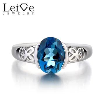 

Leige Jewelry Solid 925 Sterling Silver Ring London Blue Topaz Fine Gemstone Birthstone Oval Cut Promise Wedding Rings for Women