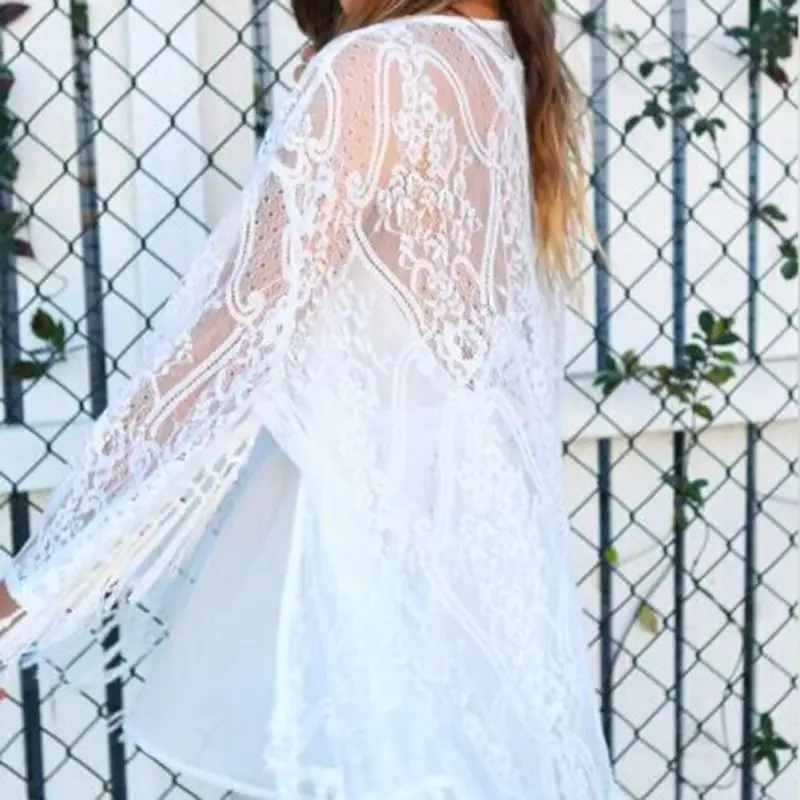 Women Beach Cover Up Boho Fringe Lace Kimono Cardigan Tassels Cape Tops