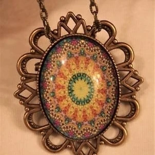 Festooned Green Yellow Pink Peach Oval Mandala Brasstone Necklace Brooch Pin