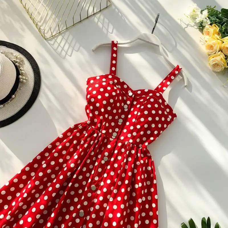 

Front Button Dot Floral Leopard Print Vintage Kawaii Party Korean Women Wrap Strap High Waist Mini Dress Slim Boho Sexy Robe Red