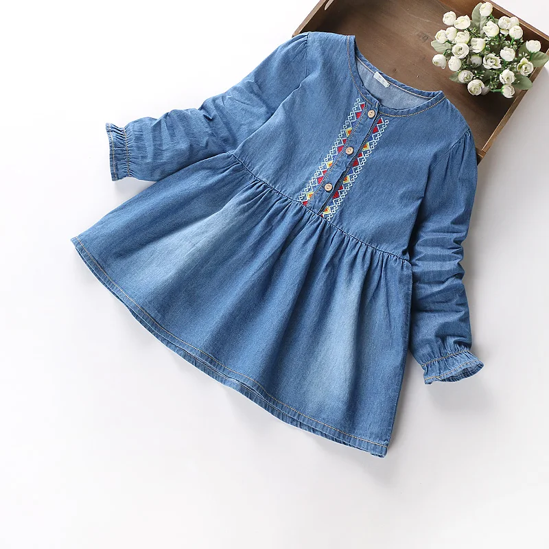 New Girls Denim Dress Baby Embroidery Cotton Denim Dresses Girls Long