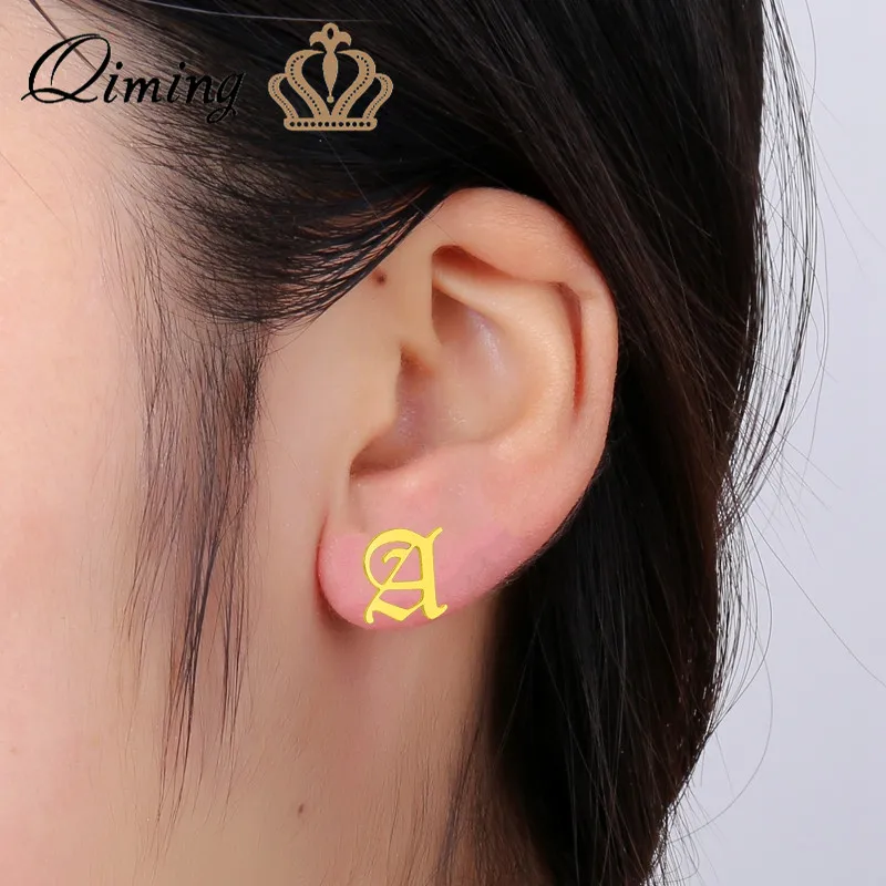 Qiming Stainless Steel Initial A Letter Earring Woman Female Alphabet Old English Gold Jewelry Ear Piercing Stud Earrings Stud Earrings Aliexpress