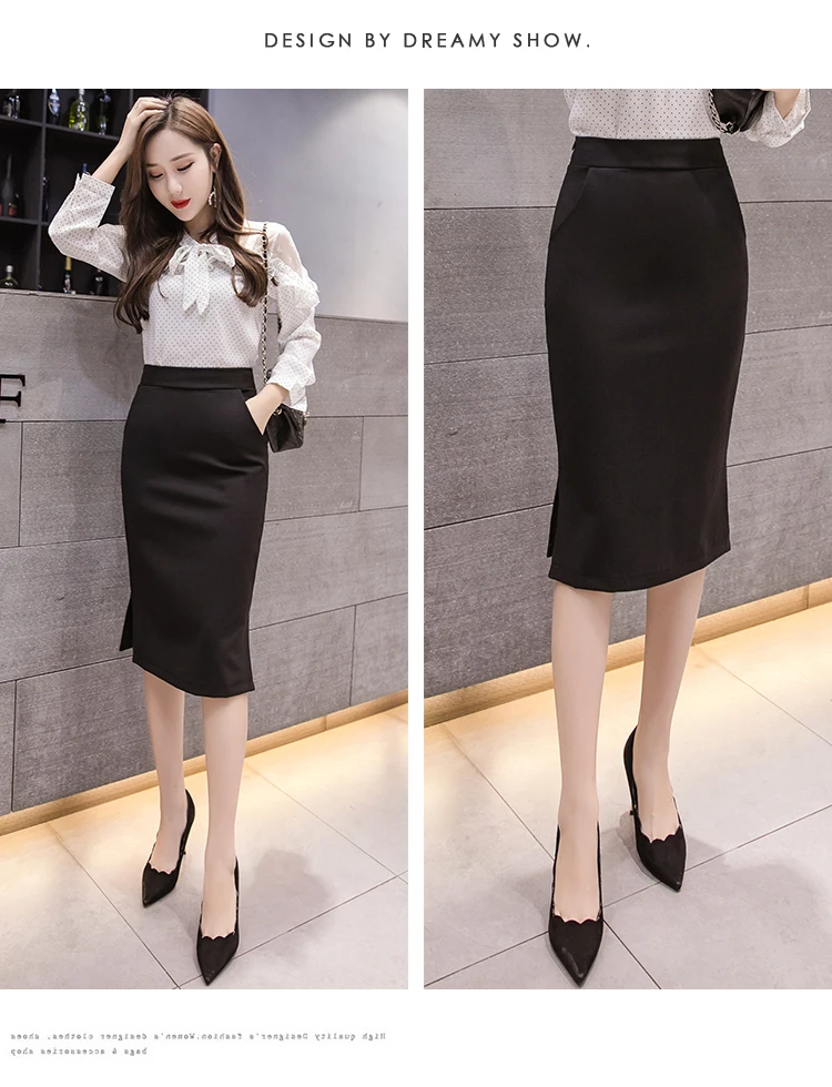 S-5XL Plus Size New Fashion Elegant Women's Midi Pockets Skirt Slim OL Sexy Open Slit Pencil Skirt Knee-Length Office Lady Skirt