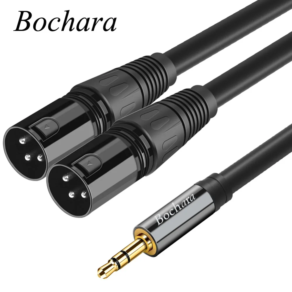 Bochara 1.5m 5ft 3.5mm Stereo Jack Male to Dual XLR Male OFC Aux Audio Cable Foil+Braided Shielded