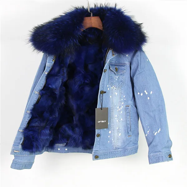 Бренд, натуральный Лисий мех, осенне-зимняя куртка, пальто, женская джинсовая куртка с дырками, настоящий большой мех енота, воротник, Толстая теплая подкладка - Цвет: blue