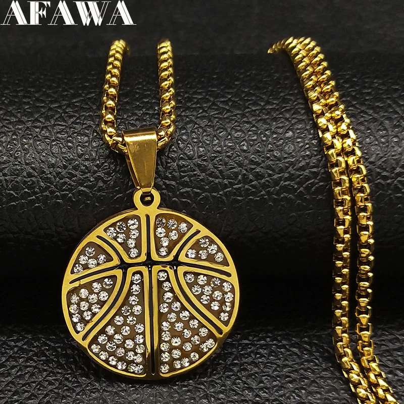 

2019 Fashion Sport Basketball Crystal Stainless Steel Necklaces Men Gold Color Long Necklaces Jewelry cadenas para hombre N18596