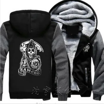 

2018 Winter TV Sons of Anarchy Fleece SOA Punk Jackets Cotton Coats Grim Reaper Thicken Sweathershirts Zipper Print Mens Hoodies