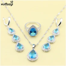 XUTAAYI 925 de Gota de Plata de La Joyería Para las mujeres Azul Topacio sintético de Lujo Collar de La Boda/Anillos/Pendientes Establecidas