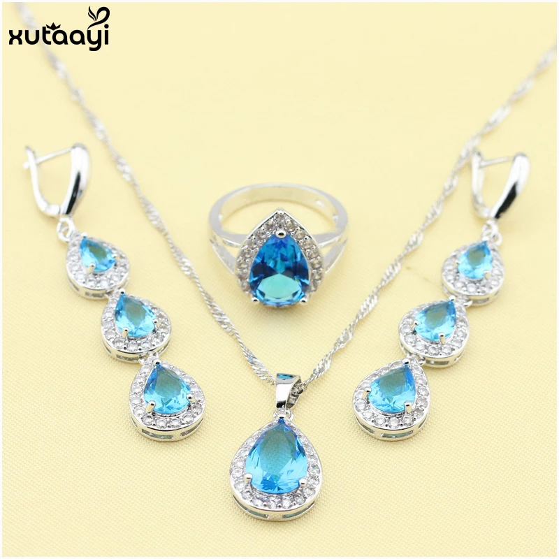 XUTAAYI Silver colorDrop Jewelry Sets For women Blue Cubic Zirconia White CZ Fancy Wedding Necklace/Rings/Earrings Set | Украшения и