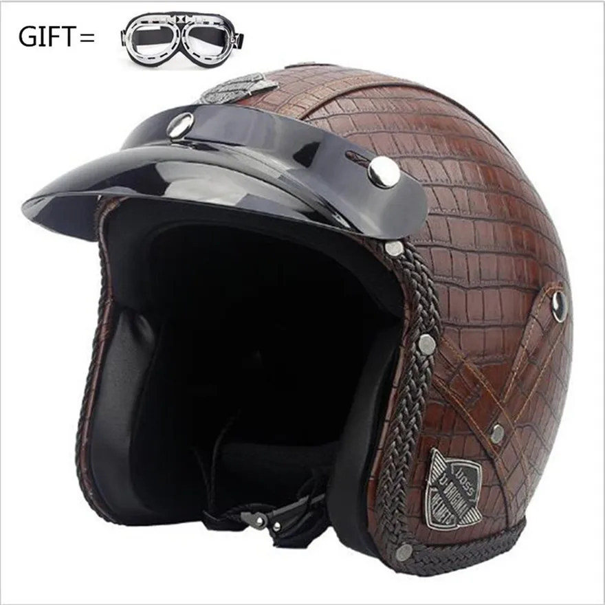 Мотоциклетный шлем Ретро Винтаж Синтетическая кожа Casco Moto Cruiser Chopper скутер Кафе Racer 3/4 открытый шлем DOT - Цвет: PU Crocodile leather