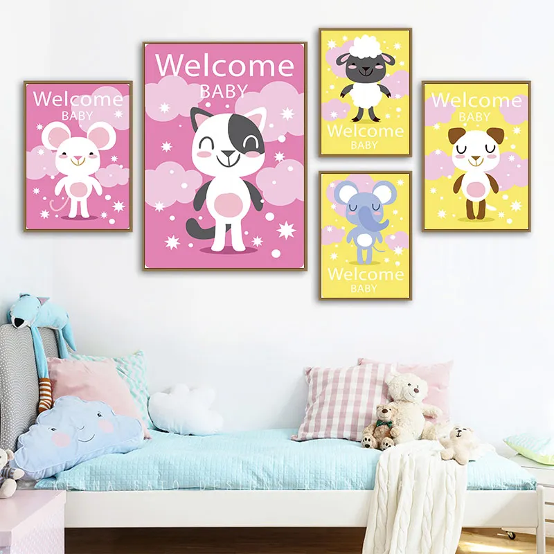 

Welcome Baby Animals Canvas Posters and Prints Nursery Kids Room Painting Kawaii Elephant Cat Pictures For Toddler Room Decor