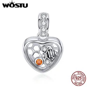 

WOSTU 100% 925 Sterling Silver Sweet Bee Heart Dangle Charms fit Original DIY Bead Bracelet Necklace Jewelry Wholesale CQC870