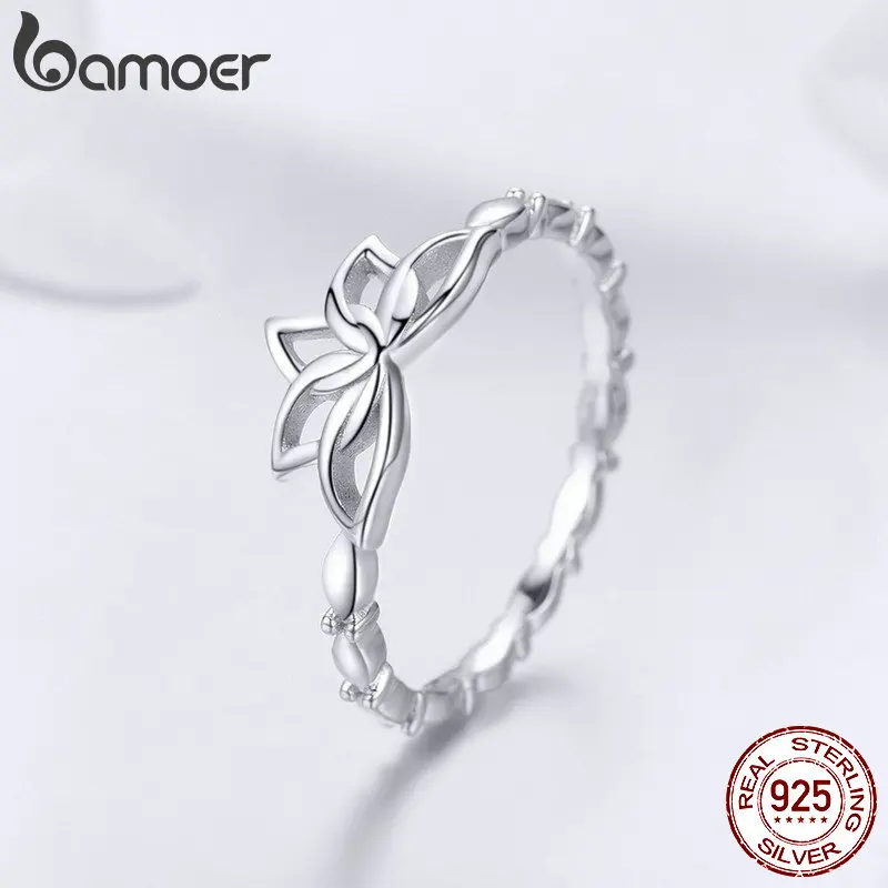 BAMOER элегантные подлинные 925 пробы серебряные кольца в виде цветка лотоса кольца в виде цветка для женщин ювелирные изделия из стерлингового серебра BSR018
