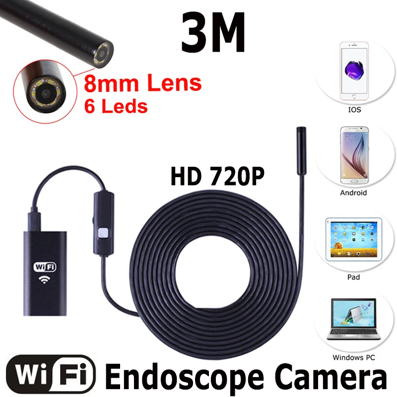 

HD720P 8mm Lens WIFI Endoscope Camera 3M Snake Iphone Android Borescope IOS Tablet Wireless Pipe Borescope Camera