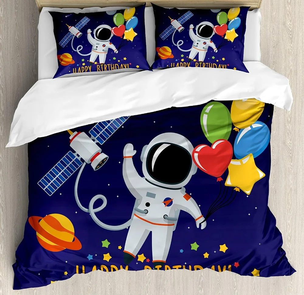 

Kids Birthday Duvet Cover Set Space Lover Theme Astronaut with Party Balloons on Blue Colored Backdrop Decor 4 Pcs Bedding Set