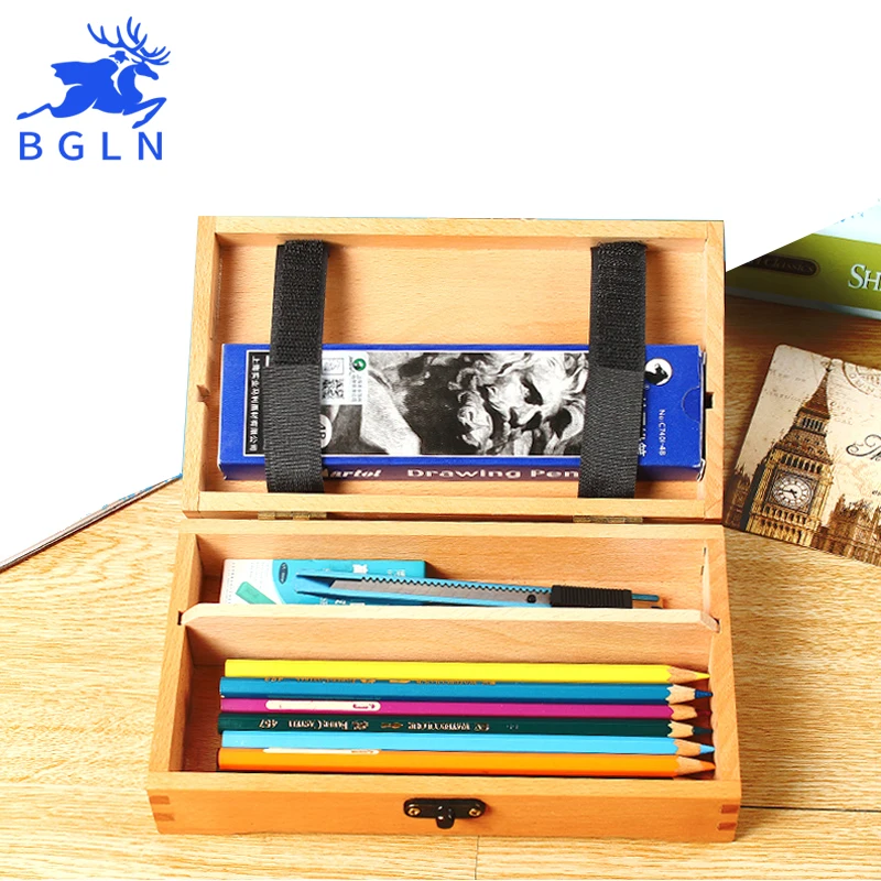 

Bgln Red Beech Wooden Pencil Case Solid Wood Square estojo escolar School Supplies Holder 48 Pencils Student Stationery