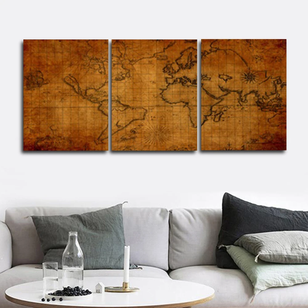 

3 Panel Abstract Wooden Retro Globe World Map Posters Prints Wall Art Canvas Painting For Home Decor Wedding Decoration No Frame