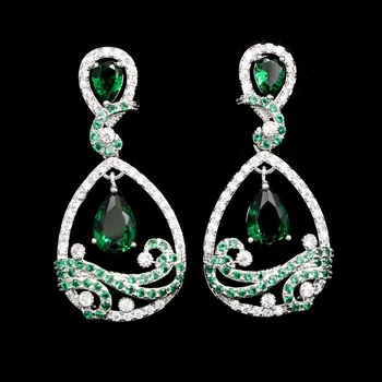 

Silver 925 Bridal Earrings Water Drop Natural Green Cubic Zirconia White Crystal For Women Wedding Accessories