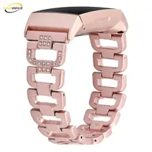 KINGBEIKE Fashion Style Stainless Steel Watchband For Fitbit Charge 3 Watch Band Metal Links With Diamond Woman Wrist Strap