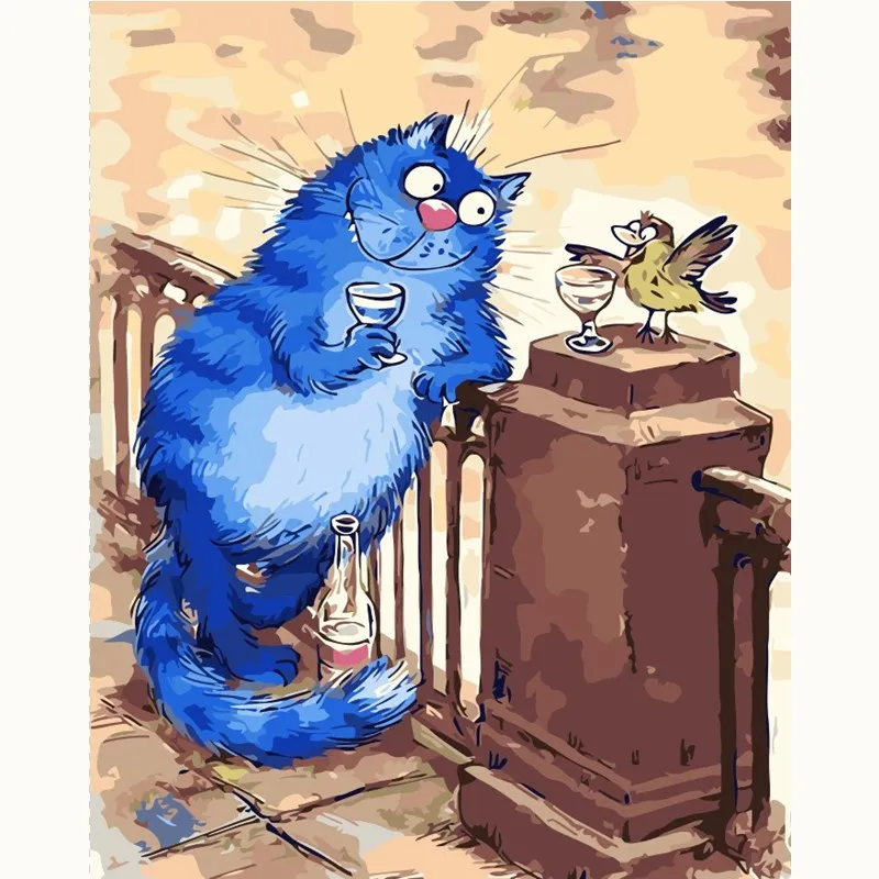 Billig Schöne blaue Katze Bild Malerei Cartoon DIY Malen Nach Zahlen Moderne Kinder Wandkunst Acryl Bild handgemalte Kinder Geschenk