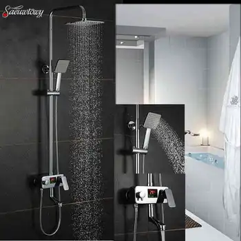 

Saeuwtowy Chrome Shower Faucet Set Wall Mounted Bathroom Shower System Mixer with ABS Handheld Shower and Digital Temp Display