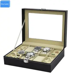 Большой кожаный 6 + 4 сетки Для женщин часы ювелирные изделия Дисплей случае акрил окна Top Jewelry Box Организатор, семья собирать коробка