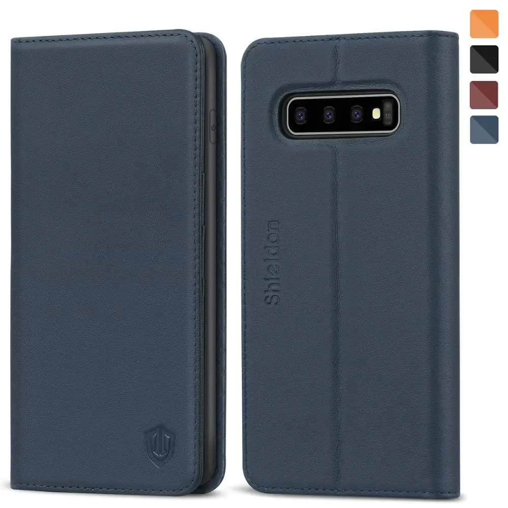 

SHIELDON Wallet Case for Galaxy S10, Genuine Leather Stand Feature Credit Card Slots Magnetic Closure Flip Folio Cover Case