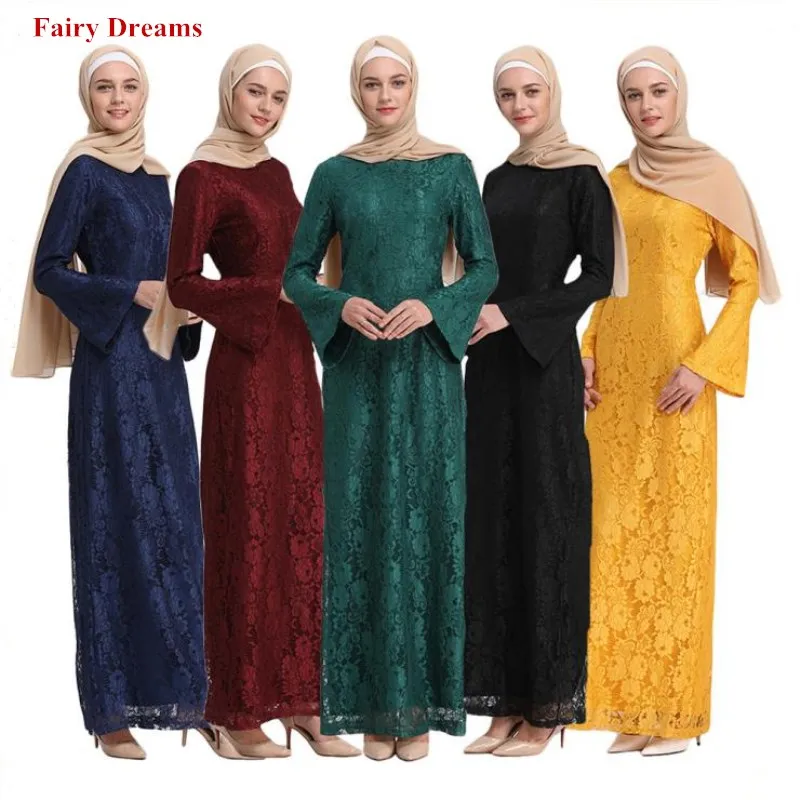 Кружевные женские мусульманские платья abaya Дубай белый желтый зеленый черный красный синий длинный халат Туника кимоно Jubah кафтан хиджаб Исламская одежда