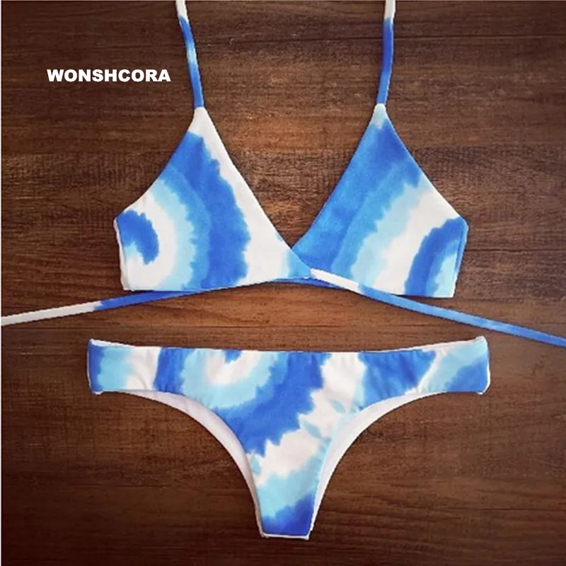 

WONSHCORA Swimsuit for Girls 2017 Brazilian Women's Bikini Set Gradient Color Low Waist Cross Floral Bikinis Beach Swimwear Suit