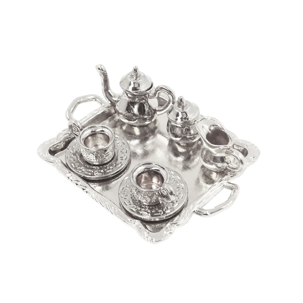 10 Pieces 1:12 Dollhouse Miniature Silver Metal Tea Coffee Set Tableware Best for doll house, room box, house model