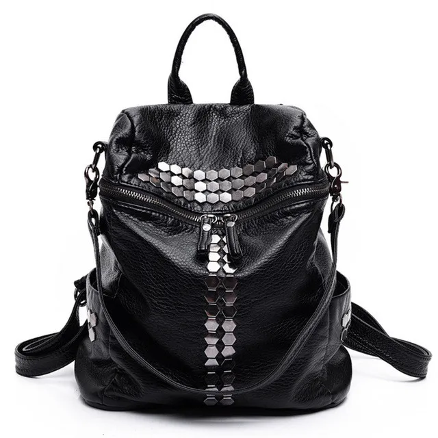 

AOILDLLI 2017 Fashion Female Leisure Bag mochilas Women Backpacks Rivet Black Soft Washed Leather Bag Schoolbags For Girls