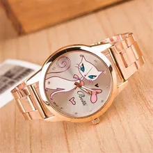 New Fashion Rose Gold Crystal Ladies Watch Cartoon Cat Luxury Stainless Steel Women Quartz Watches Relogio Feminino Clock Hot