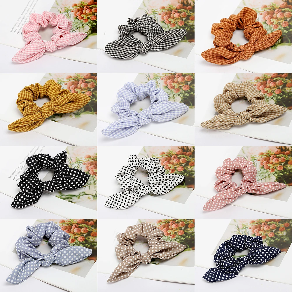 Plaid Girls Women Bunny Ear Hair Scrunchie Knot Bow Hair Band Hair tie Bows Rabbit Ear Elastic Ponytail Holder Bands Hair bow Hairclip