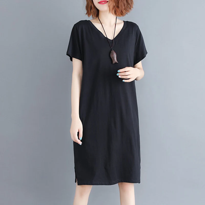 Large size 4XL 5XL Women's clothing dress summer Loose V-Neck A-Line dress Cotton Casual Short sleeve Knee-Length dress women