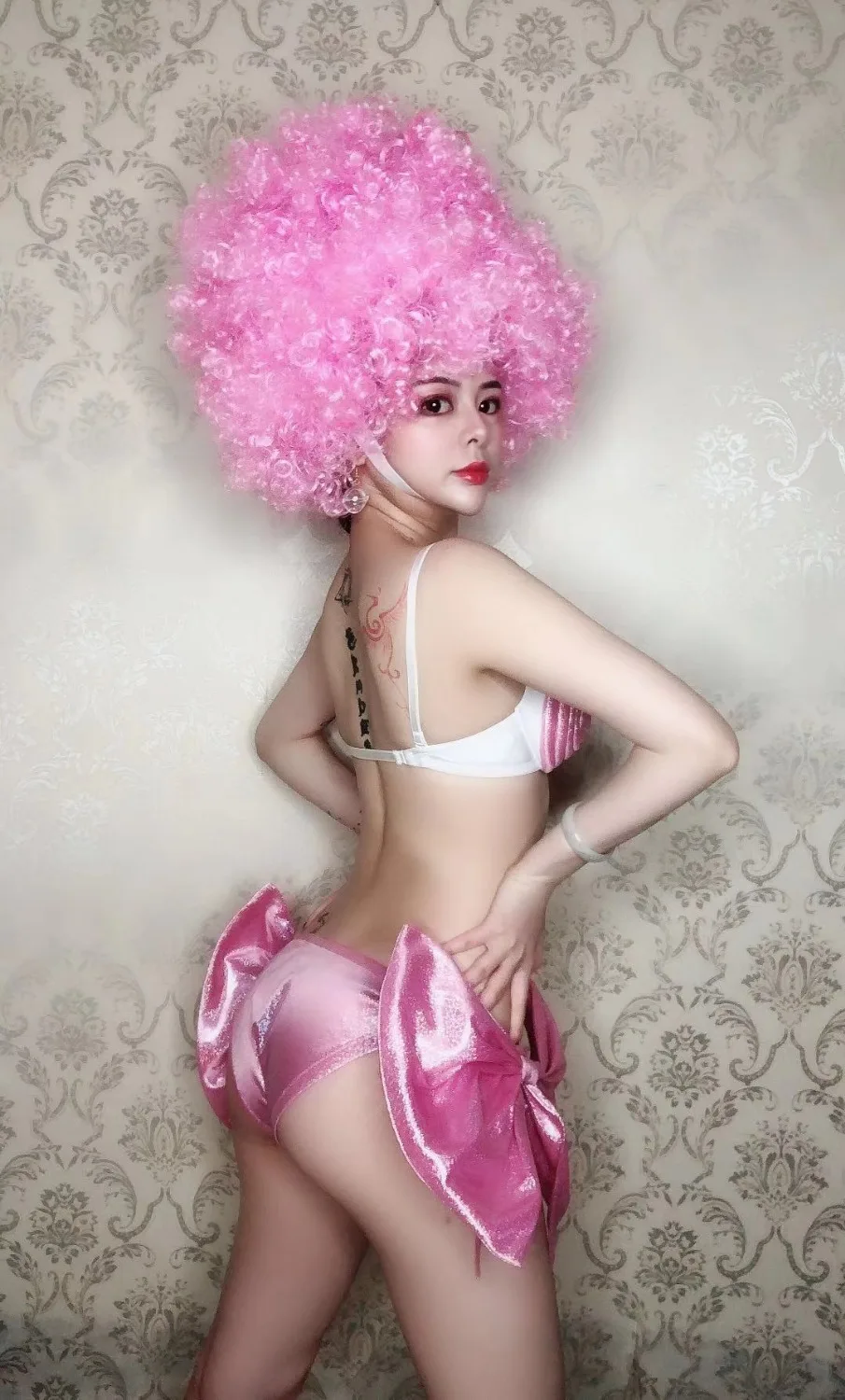 Розовый парик бикини набор сексуальные рейв вечерние костюмы Женская одежда для ночного клуба, бара, DJ DS шоу костюм танцевальные команды наряды