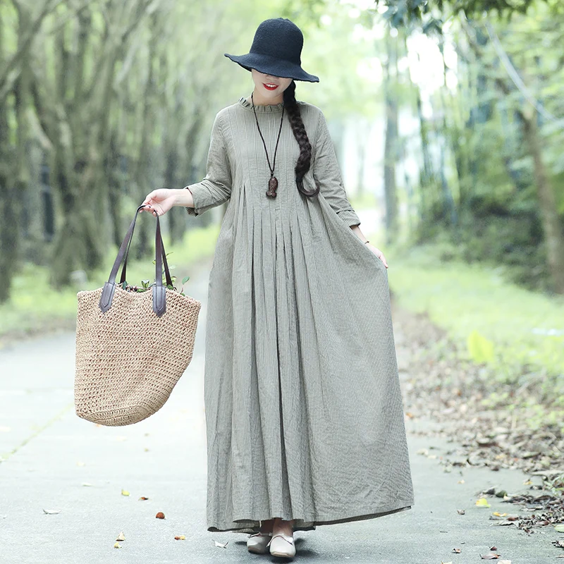 Ceny Vintage Cotton Linen styl mori girl długa sukienka 2019 lato z długim rękawem luźny wąski pasek Casual modny guzik Maxi sukienka tunika kobiet