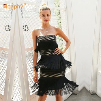 

2018 winter new dress black sleeveless strapless tube top tassel dress hollow out mesh sexy fashion knee length dress