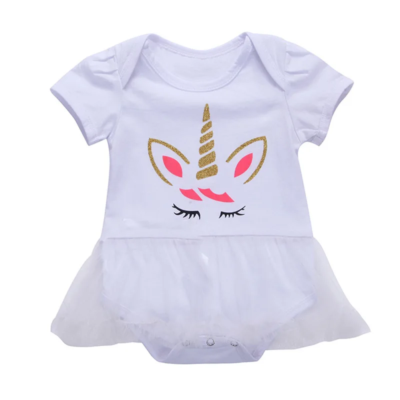 

0-2T Summer Newborn Girls White Tulle Dress Romper Short Sleeve Unicorn Babysuit Birthday Party Baby Girl Clothing New Fashion
