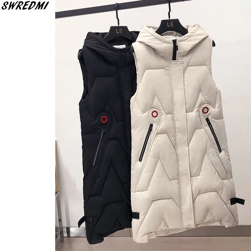 

SWREDMI OverCoat Fashion Style Winter Long Vest Hooded Thick Warm Waistcoat Casual Sleeveless Parkas jacket Down Cotton Vest