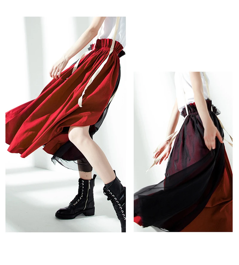 [EAM] New Spring Summer High Elastic Waist Hit Color Wine Red Mesh Stitch Strap Half-body Skirt Women Fashion Tide JU731