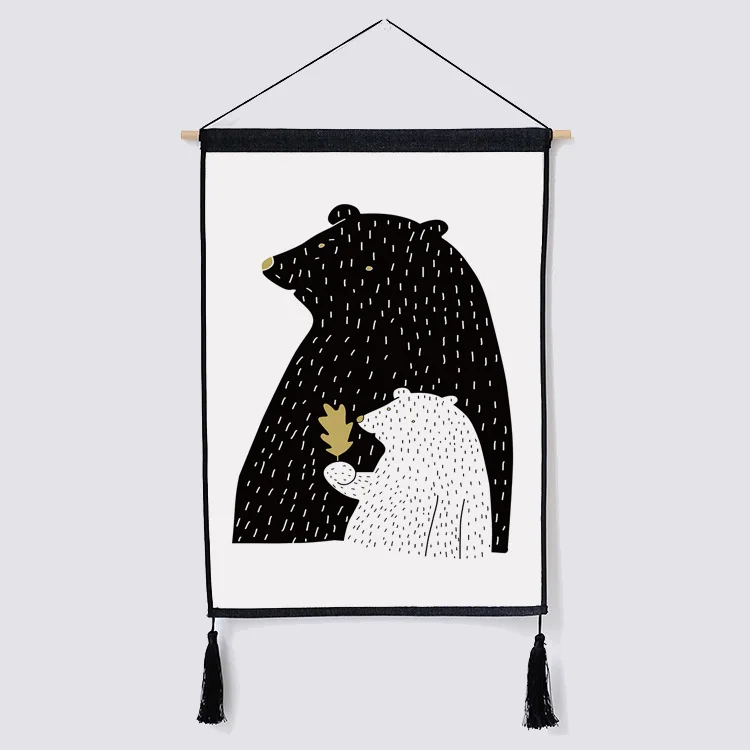 

Black and White Cartoon Wood Frame Hanging Posters Picture Wall Art Hanging Tapestry Decoration Paintings Photography Props