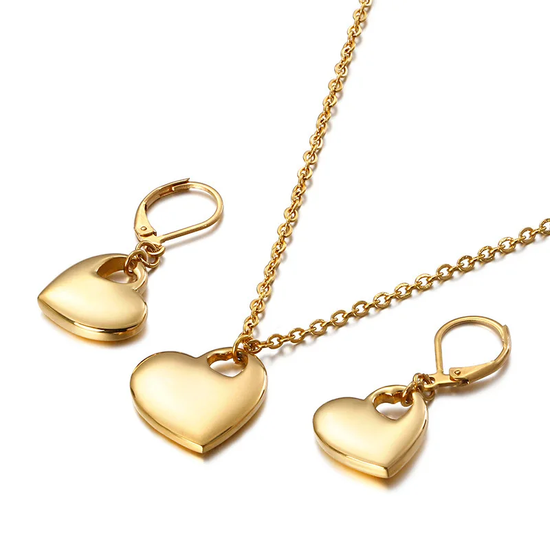 

New gold silver stainless hollow heart pendant charms earring and necklace jewelry set women gift lover jewelry bears style