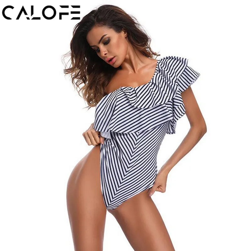 2018 Women Sexy One Shoulder Ruffle One Piece Swimsuit White Striped 
