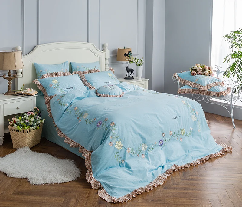 

Small Fresh Blue Princess Style Exquisite Embroidery Flounce Bedding Set Duvet Cover Bed Linen Bed sheet Pillowcases 4Pcs Queen